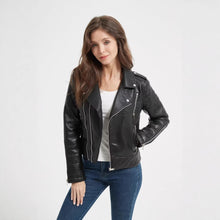 Load image into Gallery viewer, Turn-down Collar Motorcycle PU Leather Jacket Womens