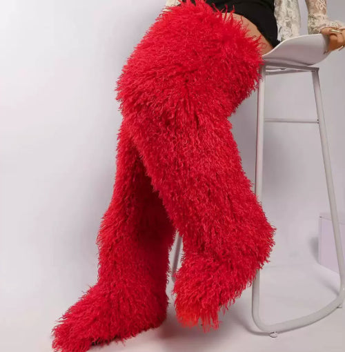 Women's 72cm Thigh-High Boots – Faux Wool Over-the-Knee Slip-On Winter Boots