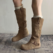 Load image into Gallery viewer, Women's Vintage Denim Lace-Up Long Boots – Mid Heel Round Toe All-Season Boots