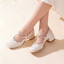 Load image into Gallery viewer, Women's Oriental Jacquard Satin Mary Jane Heels | Embroidered Lace Pearl Square Toe