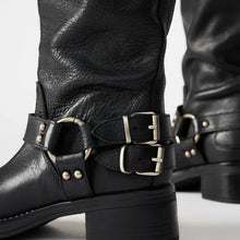Load image into Gallery viewer, Women's Round Toe Buckle High-Top Boots – Chunky Heel Mid-Calf PU Leather Boots