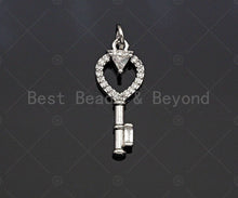 Load image into Gallery viewer, CZ Micro Pave Heart On Key Shape Pendant, Gold/Silver Plated Jewelry, Necklace Bracelet Charm Pendant, 14x28mm,sku#F1242