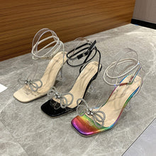 Load image into Gallery viewer, Rhinestone Bow Crystal Clear Wine Glass Heel Sandals - Women's Square Toe High Heel Buckle Sandals