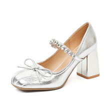 Load image into Gallery viewer, Rhinestone Bow-Tie Chunky Heel Dress Shoes