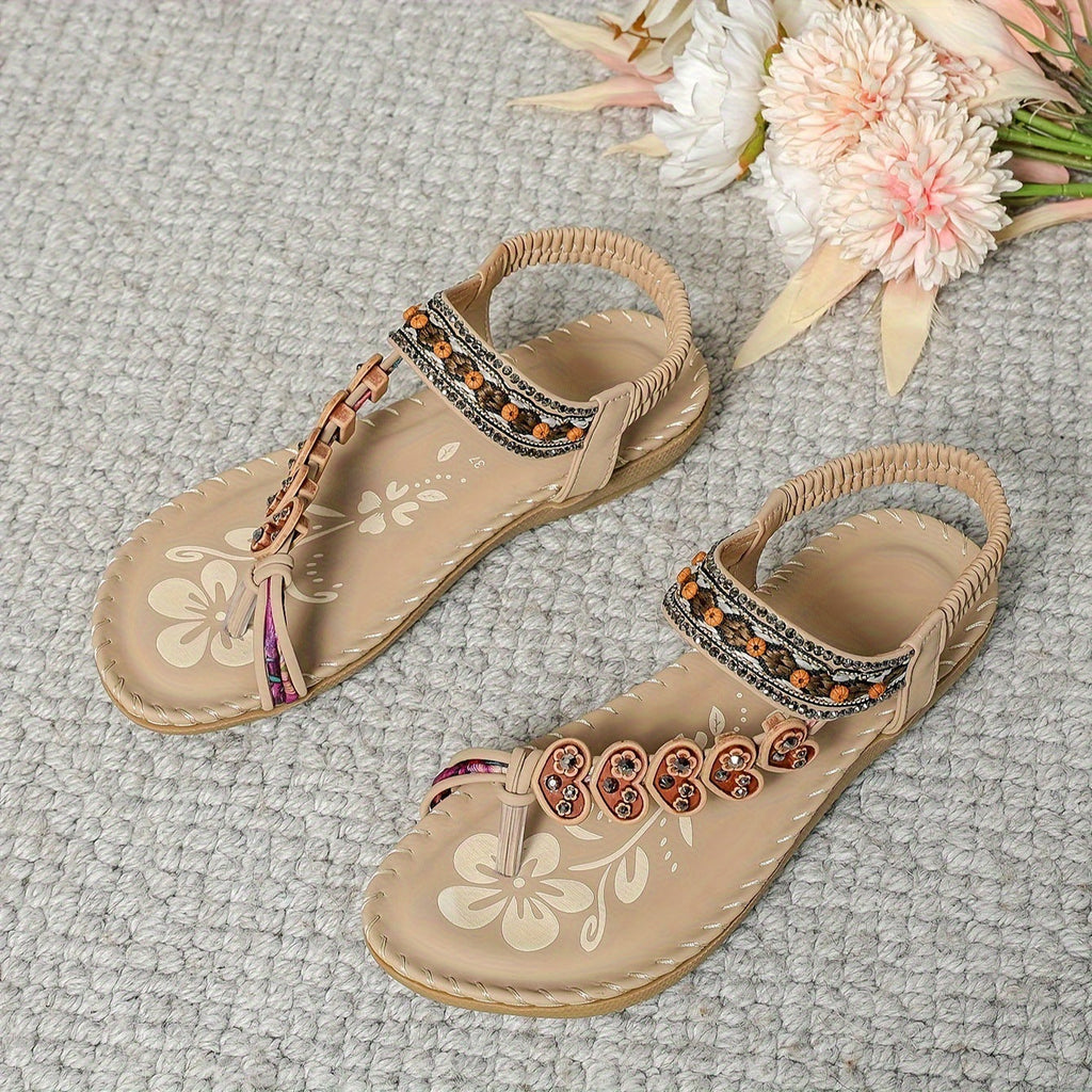 Women's Bohemian Beaded Thong Sandals | Ethnic Floral Flat Beach Sandals