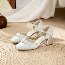 Load image into Gallery viewer, Women's Jacquard Platform Heels | Pearl Bow Square-Toe Chunky Heel Shoes