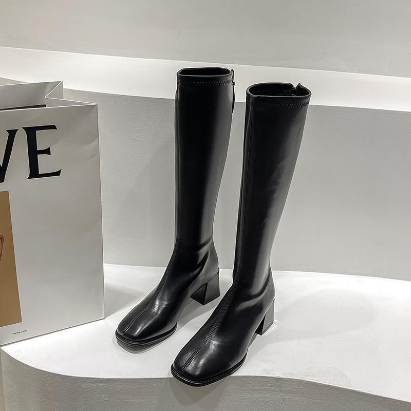 Women's Over-The-Knee Slim High Boots | Chunky Heel PU Leather | Black Brown Beige Khaki