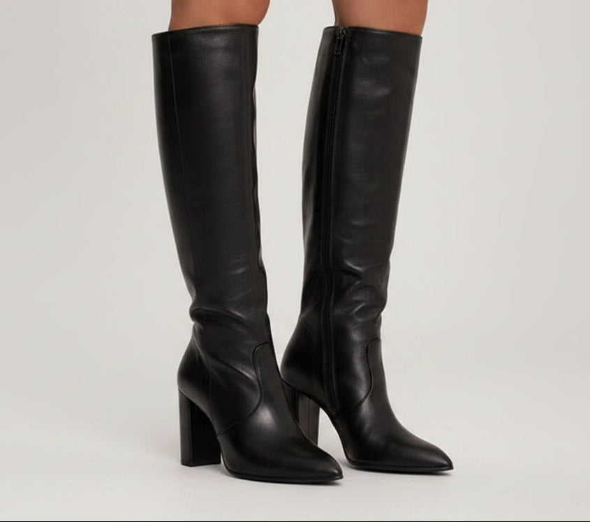 Women's Thigh High Boots – Pointed Toe Chunky Heel Side Zip | Brown & Black | Sizes 34–43