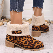 Load image into Gallery viewer, Women's Leopard Print Plush Lined Boots | Mid Heel Slip-On Suede Boots with Warm Faux Fur Lining