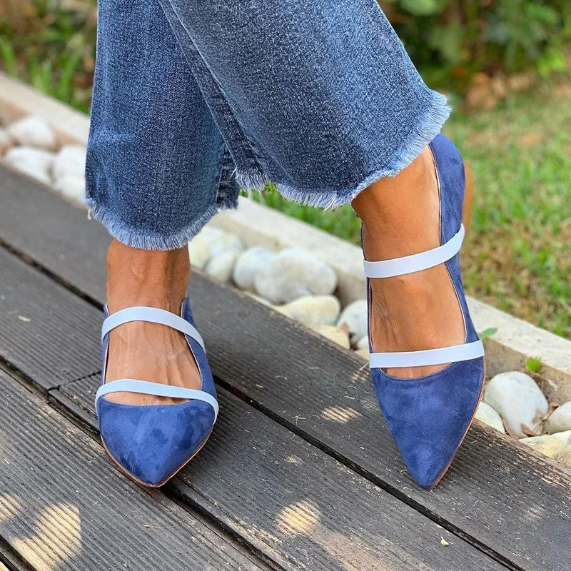 Women's Pointed-Toe Suede Dress Shoes with Rhinestone Straps | Low Chunky Heel