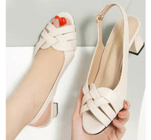 Load image into Gallery viewer, Women's Chunky Heel Woven Sandals - Elegant Open Toe Summer Shoes with Buckle Closure