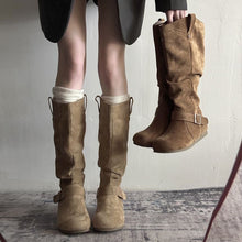 Load image into Gallery viewer, Women's Vintage Denim Lace-Up Long Boots – Mid Heel Round Toe All-Season Boots