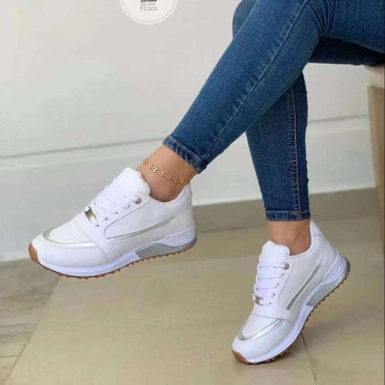 Women's Sequin Lace-Up Sneakers - Casual Round Toe Walking Shoes with Height-Enhancing Sole