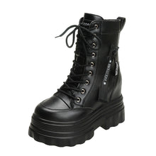 Load image into Gallery viewer, Women's High-Top Ankle Boots | Chunky Heel Side Zipper Lace-Up | Non-Slip Rubber Sole | Black &amp; Beige