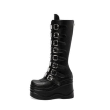 Load image into Gallery viewer, Women's Round-Toe Chunky Heel Back-Zip Ultra High Heel Boots | Black PU &amp; Patent Leather