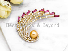 Load image into Gallery viewer, CZ Micro Pave Peacock Brooch Pin with 10mm Round Shell Pearl, Pave Peacock Brooch Jewelry, Gold Fuchsia CZ Pave Pin,  41x59mm, Sku#P27