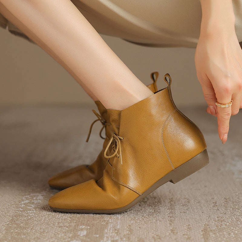 Women's Vintage Round Toe Ankle Boots - Genuine Leather Slip-On Chunky Heel Winter Boots