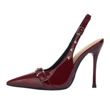 Load image into Gallery viewer, Women's Pointed-Toe Stiletto Heels | Synthetic Leather Buckle Rivet Heels