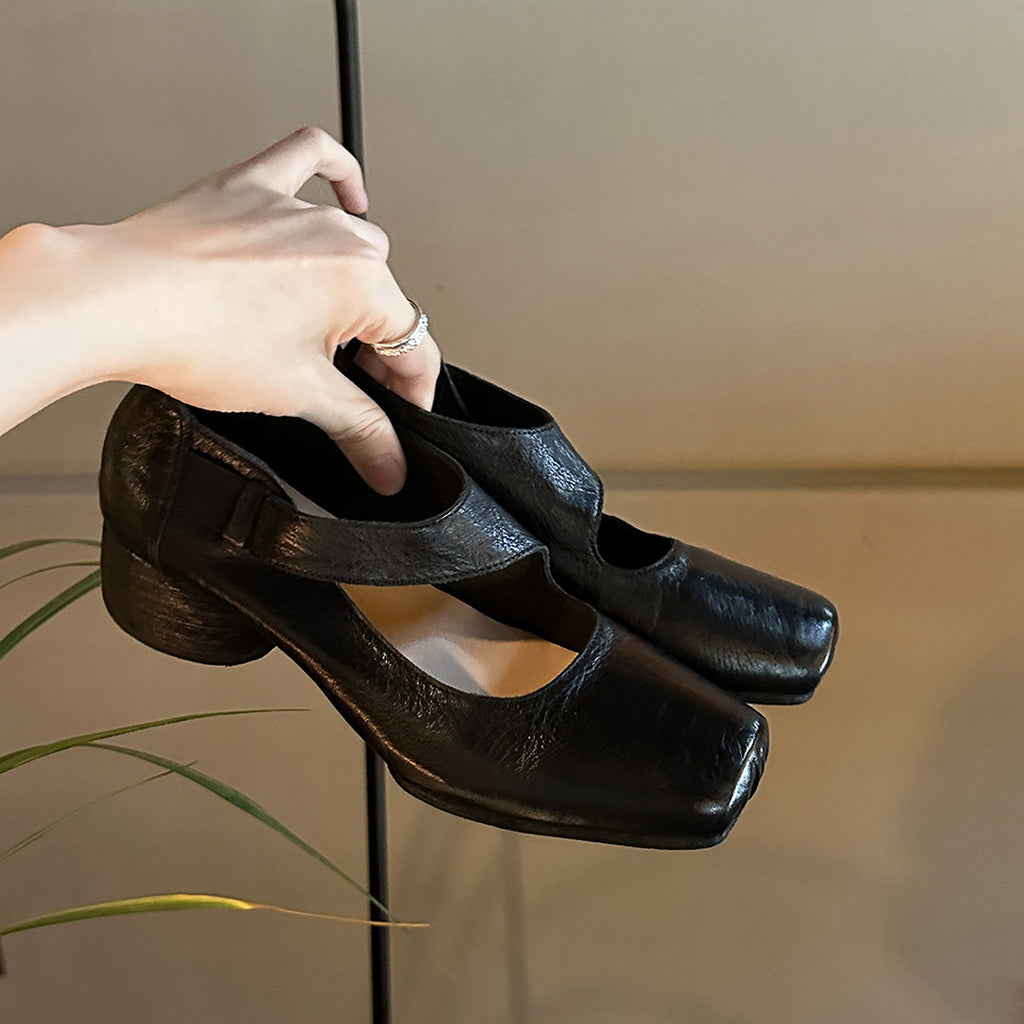 Women's Vintage Square-Toe Ballet Flats | Chunky Heel & Flat Sole Slip-On Shoes