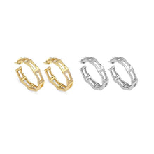 Load image into Gallery viewer, Gold Silver CZ Rectangle Bamboo Link Hoop Earrings, Sku#A129