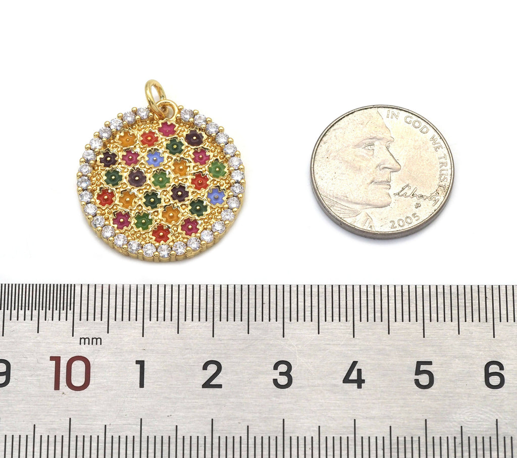 CZ Colorful Enamel Flower Medallion coin Charm, Sku#LX181