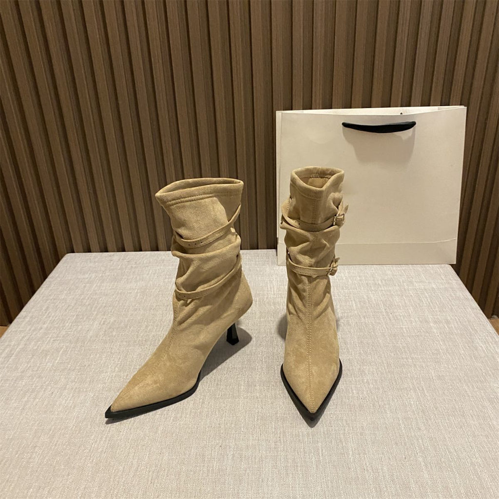 Women's Cuffed Buckle Mid-Calf Boots – PU Leather Round Toe Non-Slip Boots