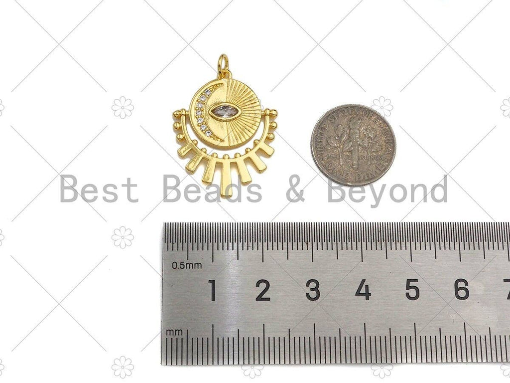 CZ Micro Pave Evil Eye Cresent Moon On Round Coin With Radial Pendant/Charm, Real Gold Plated Charm Pendant,22x27mm, Sku#L427