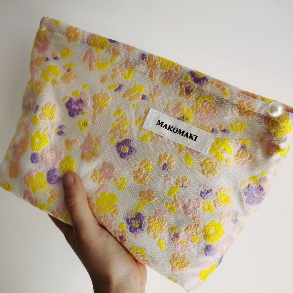 Floral Storage Pouch - Premium Cotton Cosmetic Bag with Nylon Lining