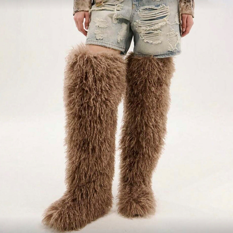 Women's 72cm Thigh-High Boots – Faux Wool Over-the-Knee Slip-On Winter Boots