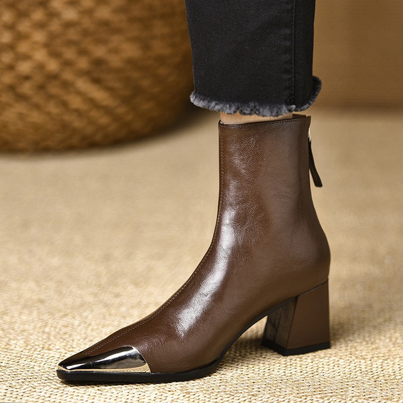 Pointed-Toe Chunky-Heel Leather Ankle Boots