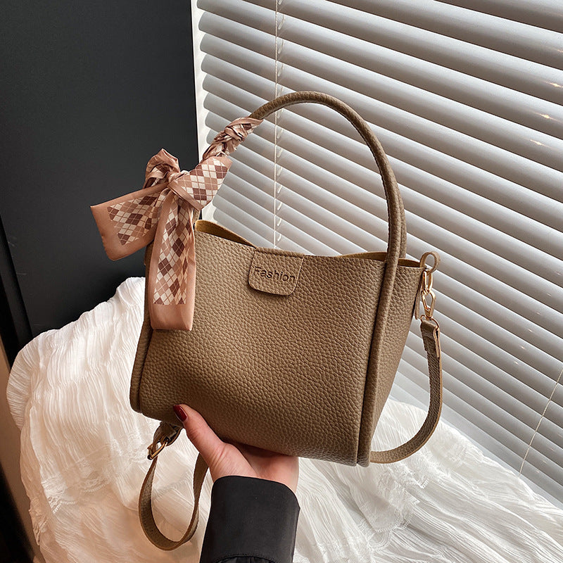 Women's Quilted Bucket Bag with Silk Scarf - PU Leather Crossbody Handbag