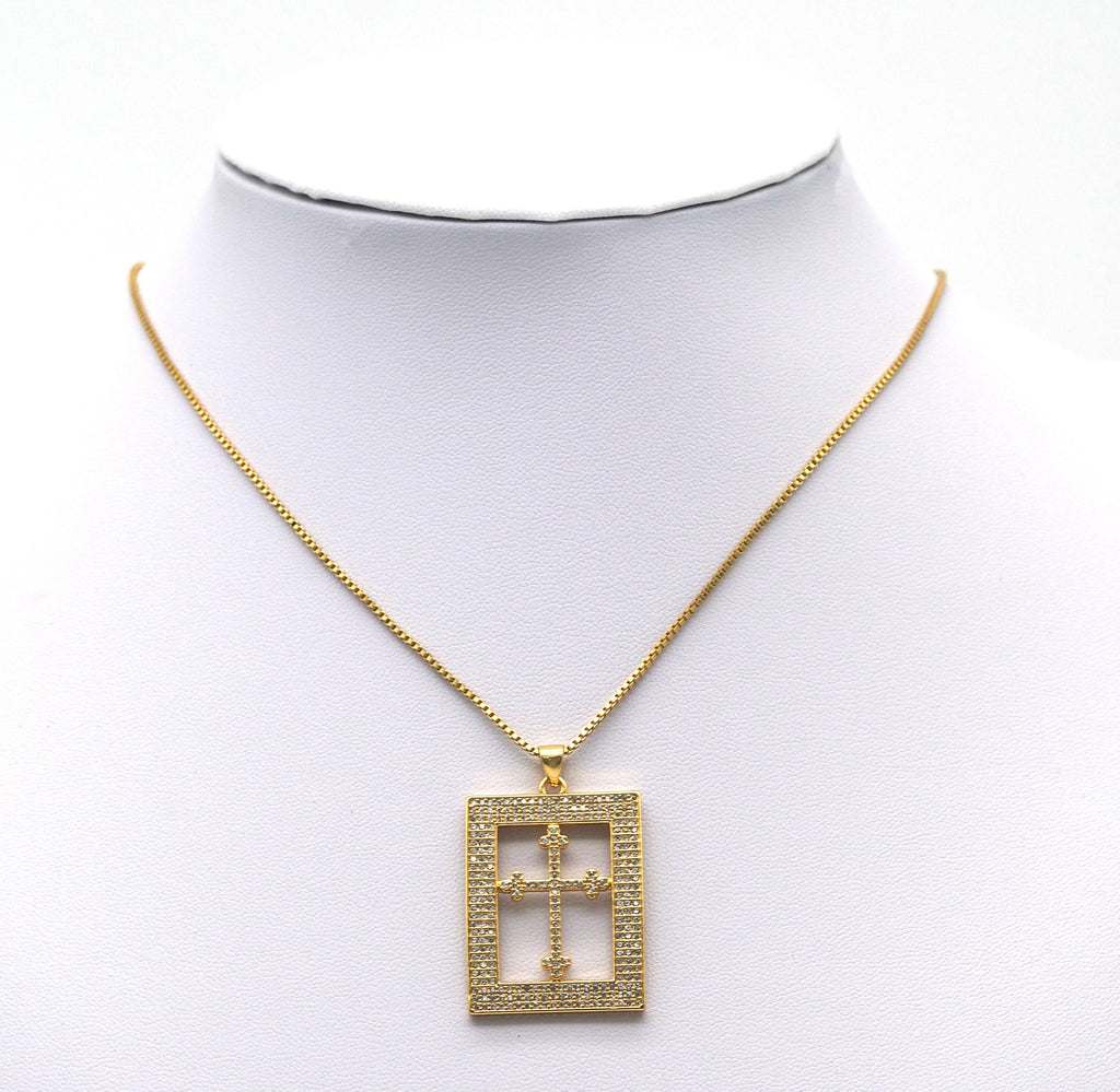 CZ Cross On Rectangle Frame Charm, Sku#LK616