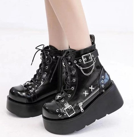 Women's Chunky Round-Toe Dr Martens Style Platform Boots | Side Zipper Wedge Heel