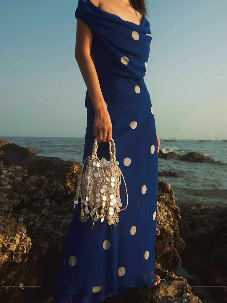 French-style Retro Sequined Woven Tassel Cotton-Linen Shell-shaped Hollow Elegant Clutch Bag