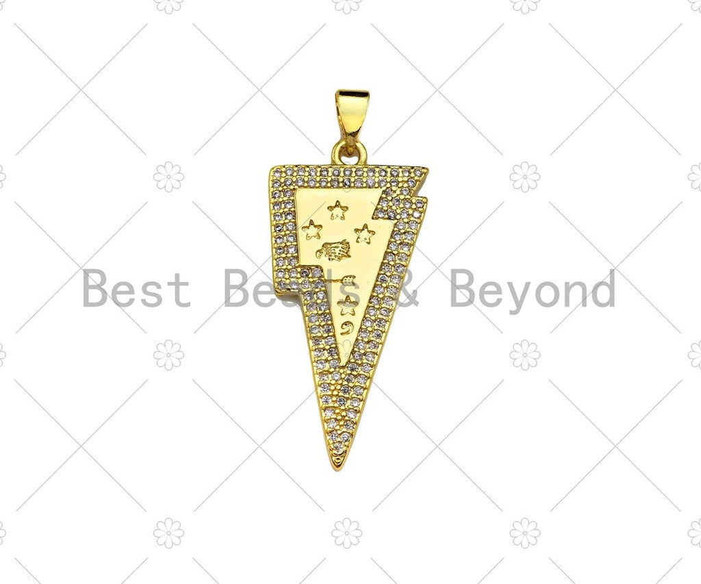 CZ Micro Pave Star On Lightning Shape Pendant, 18K Gold Charm, Necklace Bracelet Charm Pendant,16x33mm,Sku#LK309