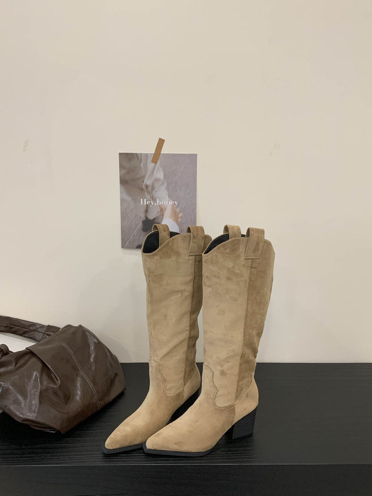 Women's Vintage Western Cowboy Boots | Suede Pointed Toe Chunky Heel Slip-On