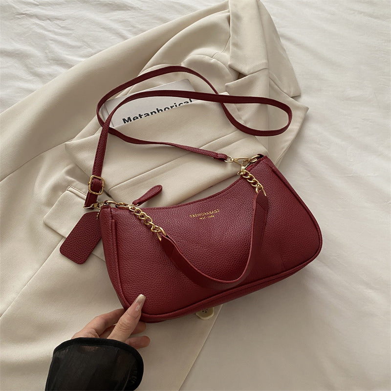 Solid Color Shoulder Bag with Zipper