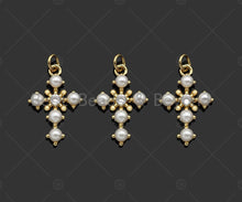 Load image into Gallery viewer, Gold Filled CZ Micro Pave Pearl On Cross Shape Pendant, 18k Gold Filled Mother of Pearl Charm, Necklace Bracelet Pendant, 23x15mm,Sku#LD103