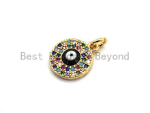 Load image into Gallery viewer, CZ Colorful Micro Pave Round With Evil Eye Pendant, Coin Shaped Pave Pendant, Gold plated, 10x12mm, Sku#F842