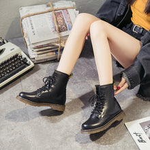 Load image into Gallery viewer, Women's Chunky Lace-Up Dr Martens-Style Boots – Round Toe, Mid-Heel, Black PU Leather