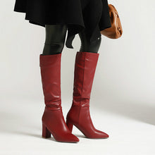 Load image into Gallery viewer, Women's Fleece-Lined Chunky Heel Mid-Calf Boots | Pointed Toe Slip-On Winter Boots