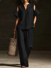 Load image into Gallery viewer, V-Neck Short Sleeve Top &amp; Straight-Leg Pants Set – Ripped Detail, Pockets, Solid Color