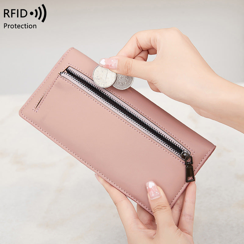 RFID Anti-Theft Wallet PU Leather Zipper Bifold with Multiple Card Slots