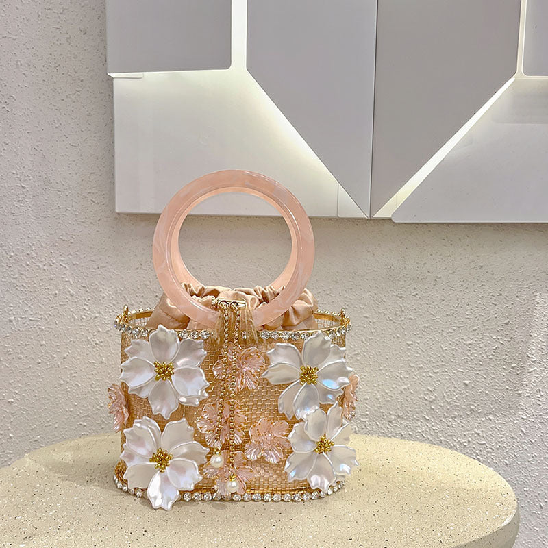 Retro Sunflower Birdcage Handmade Bucket Bag - Diamond Embellished PVC Shoulder Bag