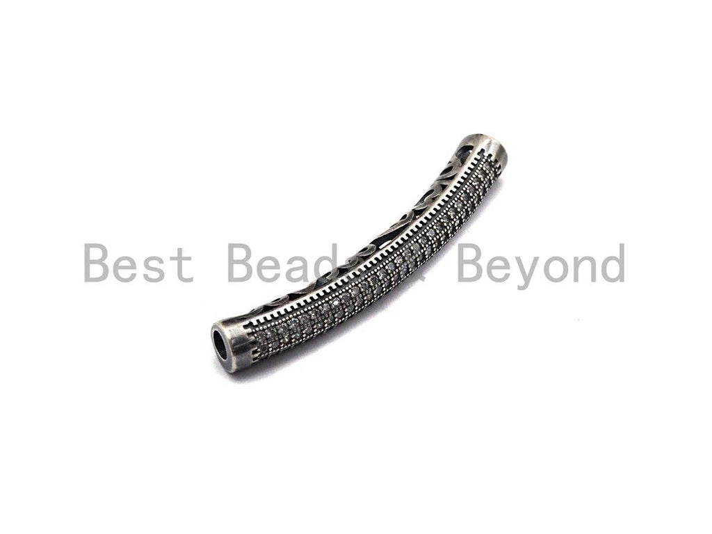 Antique Silver Color CZ Micro Pave Tube for Bracelet/Necklace, Cubic Zirconia Separator Tube in Oxidized Silver, 5x40mm, sku#X123
