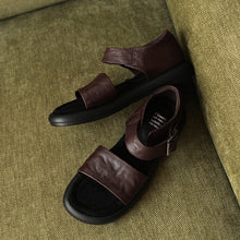 Load image into Gallery viewer, Women's Washed Leather Platform Sandals | Two-Strap Buckle Open-Toe Flats