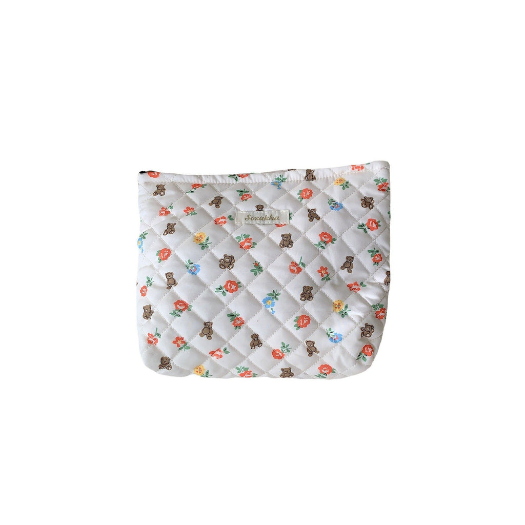 Quilted Floral Little Bear Makeup Bag - Women's Cosmetic Organizer Clutch with Cotton Lining