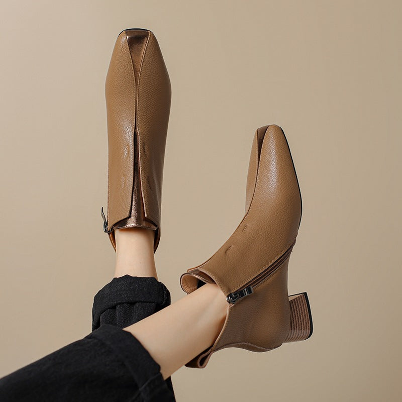 Women's Retro Square-Toe Sheepskin Ankle Boots | Chunky Heel Side-Zip