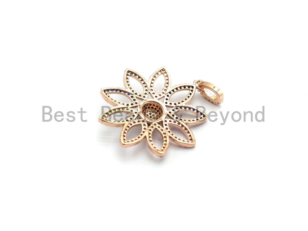 Colorful CZ Micro Pave Sunflower Filigree Pendant ,Gold/Silver/Black/Rose Gold,Cubic Zirconia Jewelry Findings,30x32mm,sku#F697