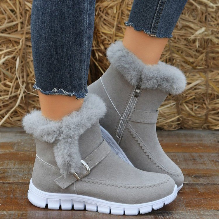 Women's Winter Snow Boots - Warm Plush Ankle Boots with Buckle Design